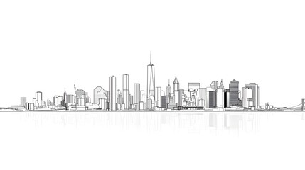 Obraz premium Line art depicts a sprawling urban skyline with diverse architectural styles and prominent skyscrapers showing reflections on water rendered in minimalist black and white graphic style