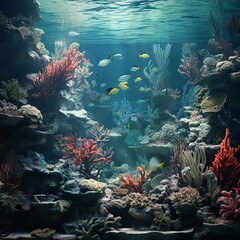 Vibrant Coral Reef Ecosystem with Diverse Fish Swimming in Clear Blue Ocean Water, marine life