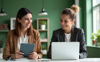 Smiling professional ladies partners using laptop and tablet technology devices standing at work table. Two happy business women executives of young and middle age talking working in green office