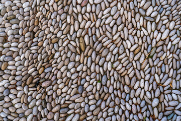 A surface made of pebbles arranged in rows.
