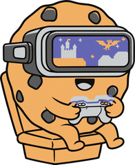 Cartoon Cookie Character Playing VR Game in Virtual Reality Headset