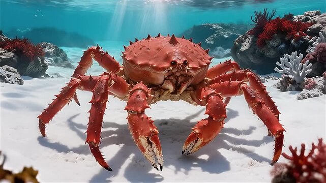 Un cangrejo rey (King Crab) de patas largas y caparazón rojo espinoso