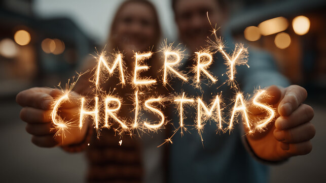 Close-up of hands holding sparklers spelling "Merry Christmas" with friends celebrating in soft focus, warm golden glow