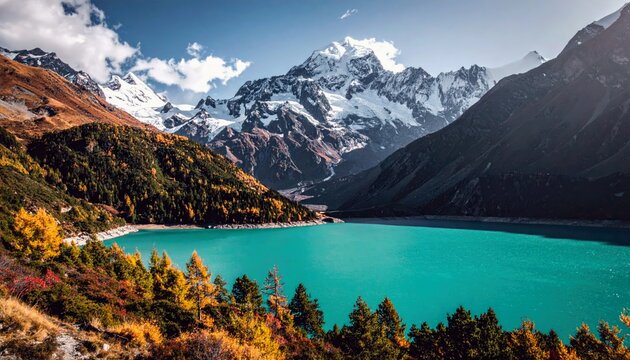 A stunning natural landscape featuring a vibrant turquoise lake nestled between mountains covered in autumn trees and snow-capped peaks. - Powered by Adobe