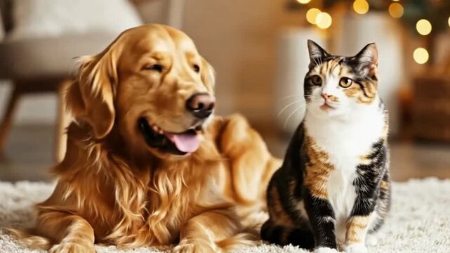 Dog and Cat Relaxing Together Indoors Near Decorative Lights