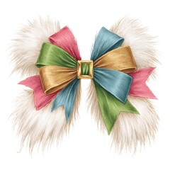 Watercolor fluffy Christmas bow with gold buckle, festive multicolor ribbon decoration, elegant holiday illustration for winter and seasonal design