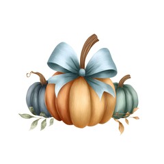 Autumn pumpkins with pastel blue ribbon and botanical leaves, elegant fall harvest composition, watercolor-style illustration for seasonal decor