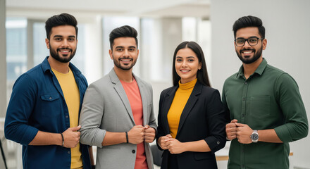 Happy diverse Indian business team smiling in modern office