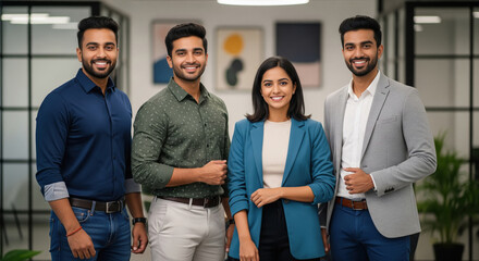 Smiling Young Diverse Business Team Posing Confidently in Modern Office