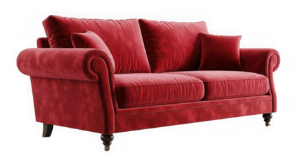 Red velvet two seater sofa isolated on transparent background