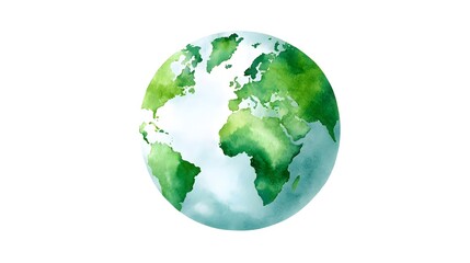 Vibrant watercolor depiction of Earth s globe showcasing lush green continents and deep blue oceans  An ic representation of our planet ecology and global harmony