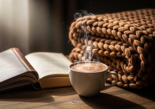 A steaming cup of coffee next to an open book and a cozy knitted blanket. Relaxing at home with a warm drink. Hygge and comfort concept