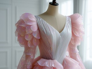 Close-up of a dramatic pink ball gown with iridescent puff sleeves, glitter, and layered ruffles. Concept of fantasy and fairytale.