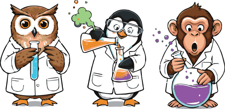 Cute cartoon owl penguin and monkey in lab coats conducting science experiments