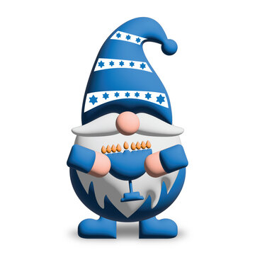 Cute Blue White Gnome with star of David on a hat holding Menorah