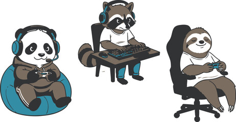 Naklejka premium Cute cartoon animals playing video games on white background