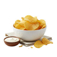 Crisp ruffled potato chips served with creamy dip against a minimalist setting