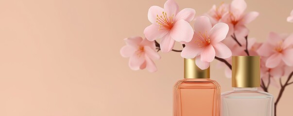 Aesthetic composition emphasizing floral fragrance, featuring delicate blossoms and luxury beauty products.