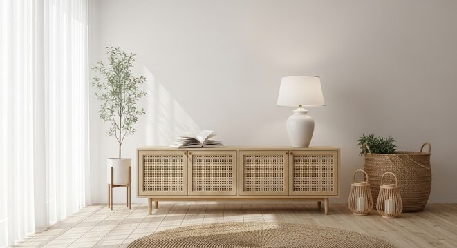 Modern living room interior with a wooden cabinet, a lamp, a plant, and a basket near a large window with sheer curtains