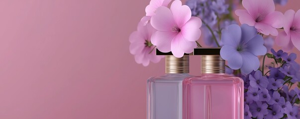 Aesthetic composition emphasizing floral fragrance, featuring delicate blossoms and luxury beauty products.