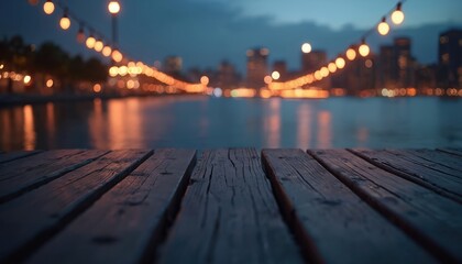 Dark wooden pier view at night, facing city lights. Bokeh lights glow above water. Calm sea reflects festive illumination. Beautiful scenery on dock with moody peaceful atmosphere.