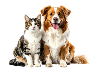 A domestic cat and a dog sit closely together, looking forward