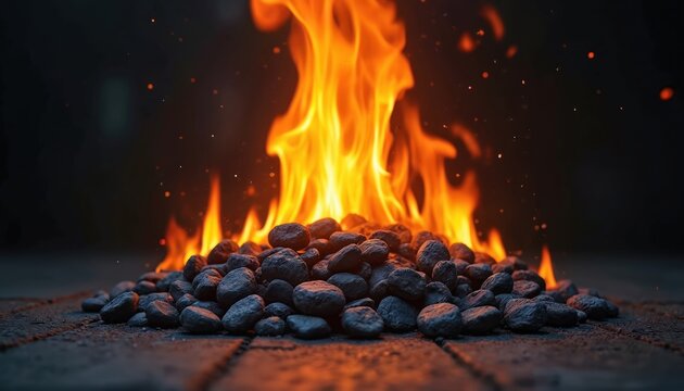 Bright orange flames ignite dark charcoal stones. Sparks fly upwards from hot glowing embers. Fire burns intensely on the ground creating warmth and light.