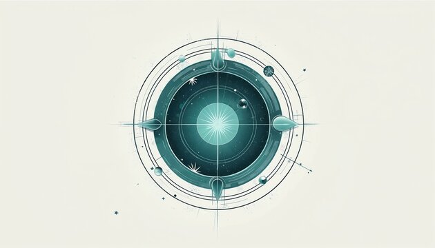 Abstract circular graphic design features cosmic elements like stars planets. Geometric lines form compass like shape, starburst center glows brightly. Minimalist celestial illustration, spiritual