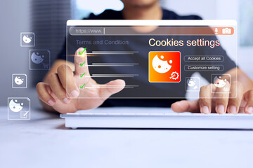 web browser cookies setting concept with a man in black tick checkmark on terms and condition on virtual screen on desktop