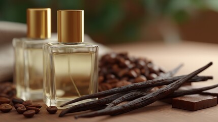 Luxurious product still life with warm brown tones, emphasizing an exotic, spicy, or sweet cologne concept.