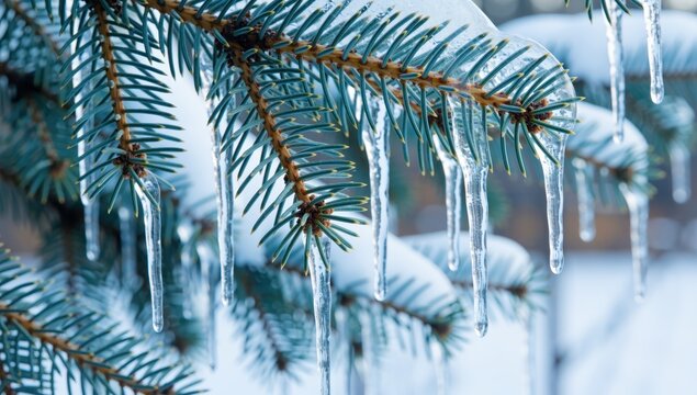 Close up of icy pine tree branch with icicles hanging from the needles in winter season