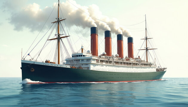 Large vintage steamship sails on calm blue ocean water with four tall smokestacks emitting white smoke. The vessel has masts and rigging, representing historical maritime travel and transport.