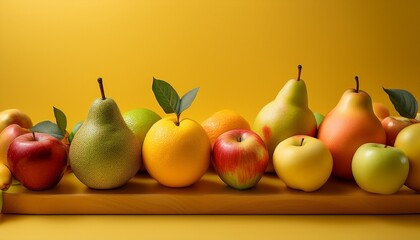 vibrant display of assorted fruits including apples and pears on a yellow background