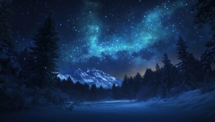 Naklejka premium Vibrant celestial phenomenon illuminates a snowy mountain landscape beneath dark evergreen trees