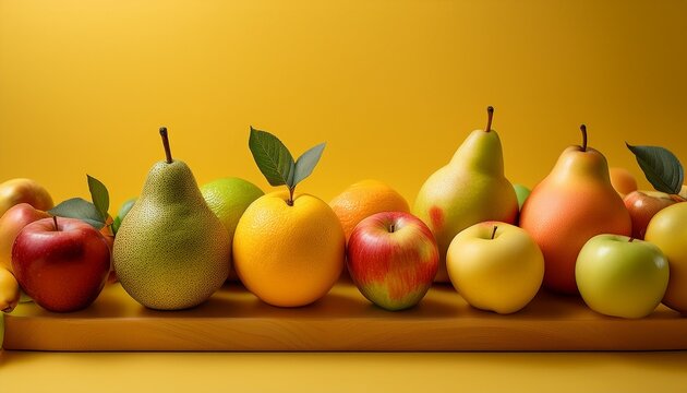vibrant display of assorted fruits including apples and pears on a yellow background