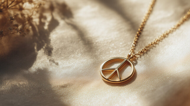 Gold peace symbol pendant on soft fabric background with sunlight  