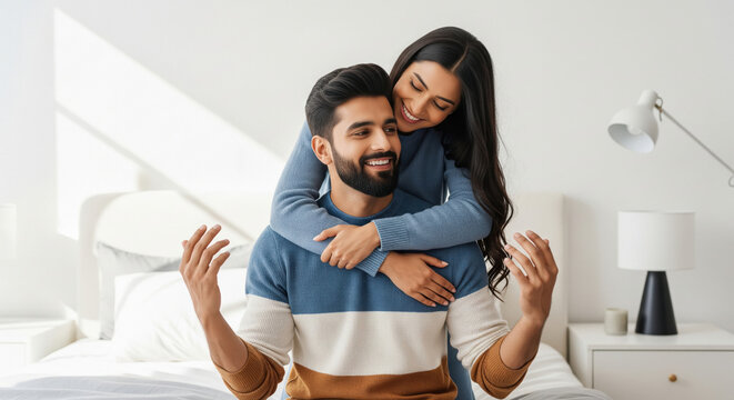 Happy Young Couple Embracing Joyfully in Bright Bedroom