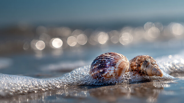 Two seashells resting in ocean foam with blurred bokeh background water beach - Powered by Adobe