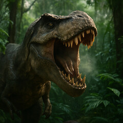 Obraz premium Tyrannosaurus rex dinosaur roaring in a lush jungle environment with dense vegetation 