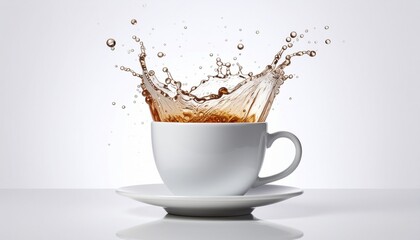 Coffee splashes out of a white cup and saucer against a white background, creating a dynamic and energetic scene.
