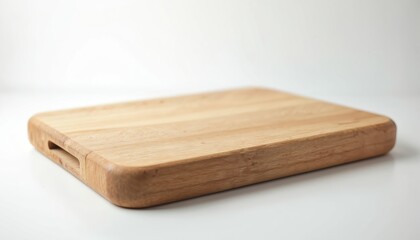 Fototapeta premium Natural wood chopping board with handle rests on white surface. Clean kitchen utensil for food prep provides ample copy space for text and design elements.