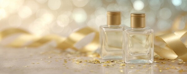Two luxury fragrance bottles with gold caps, surrounded by shimmering ribbon and confetti in a festive bokeh scene.