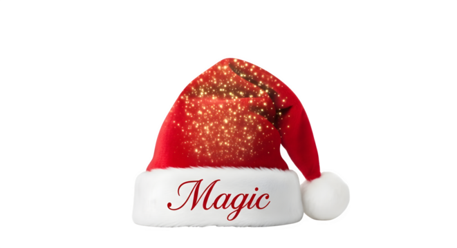 Festive santa hat with magic text isolated on transparent background