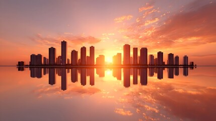 A picturesque cityscape with towering modern skyscrapers mirrored perfectly in the serene water bathed in the warm radiant glow of a breathtaking sunset sky filled with colorful clouds