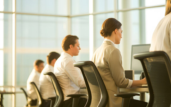 Diverse group of professionals working together in a modern bright office environment with large windows