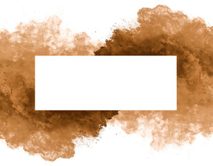 A white rectangle centered on a black background with brown powder bursts