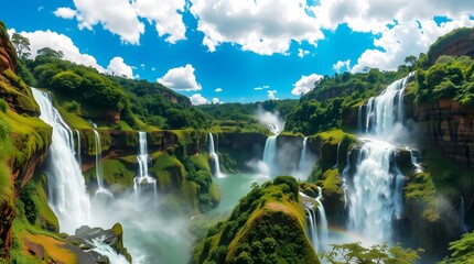 A Stunning New Photograph Capturing Multiple Waterfalls Cascading Through Majestic, Beautiful Mountains in a Breathtaking Landscape.