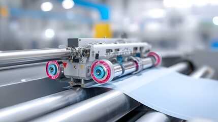 Obraz premium Close up of precision industrial hinery operating on a roll of light blue material within a manufacturing production line environment