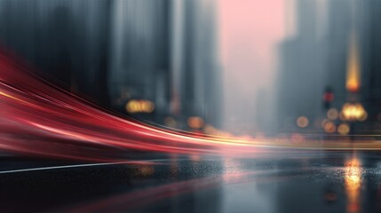 A dynamic cityscape at dusk, featuring blurred light trails from vehicles on a rain-soaked road with a backdrop of soft, glowing city lights.
