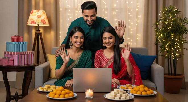 Joyful Indian family waves during festive video call celebration